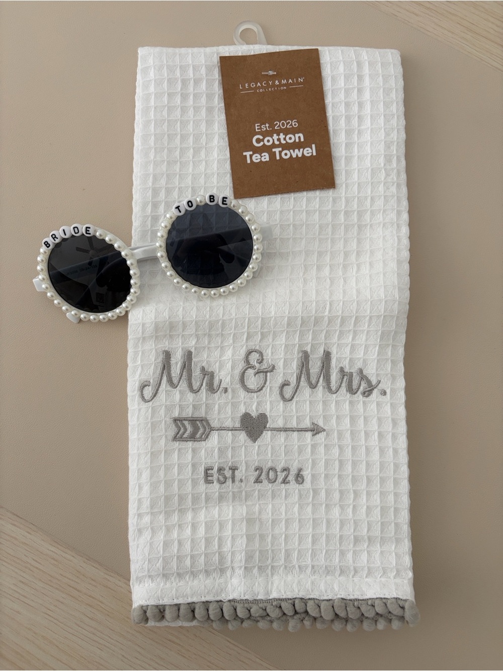 Mr. & Mrs. Embroidered Cotton Tea Towel - White + Bride To Be sunglasses